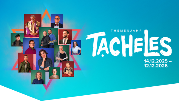Plakat mit vielen Personen und schriftzug "Tacheles" auf blauem Grund